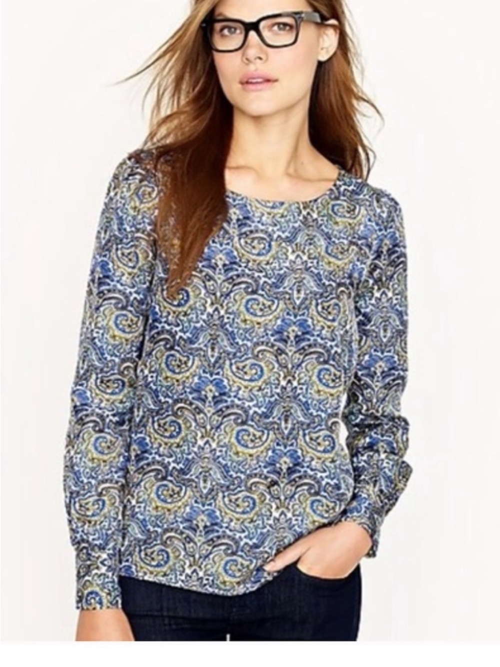 J. Crew Blue Tabitha Paisley 100% Silk Long-Sleeve Blouse, Excellent Condition